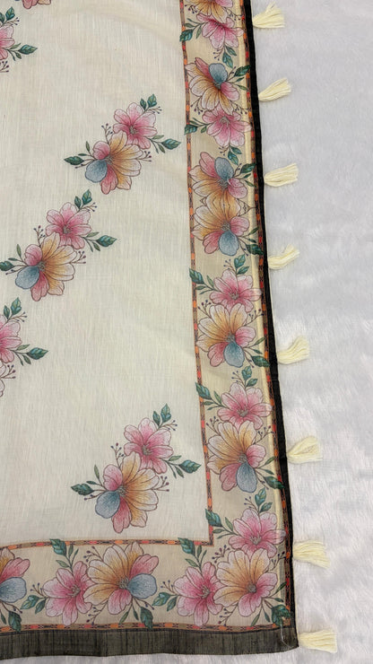 Cotton Linen Flower Print Saree