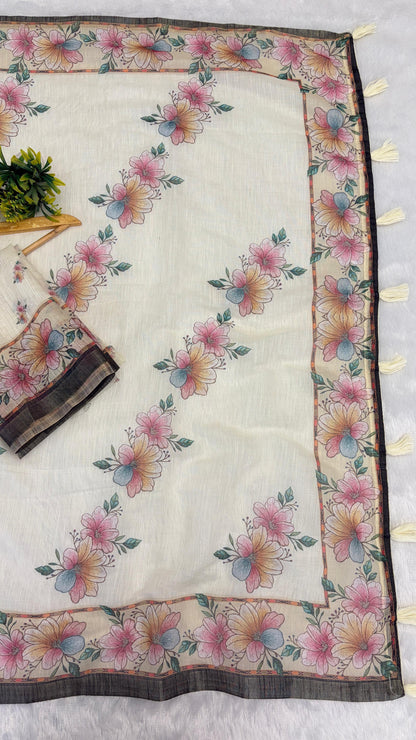 Cotton Linen Flower Print Saree