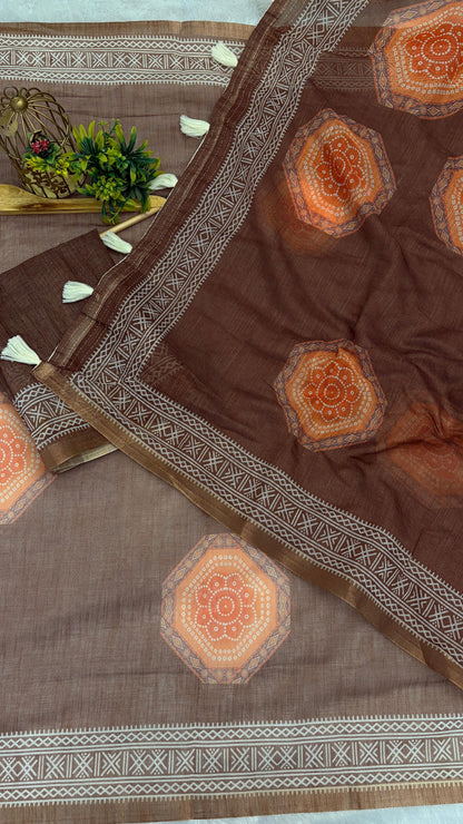 Cotton Linen Heritage Print Saree