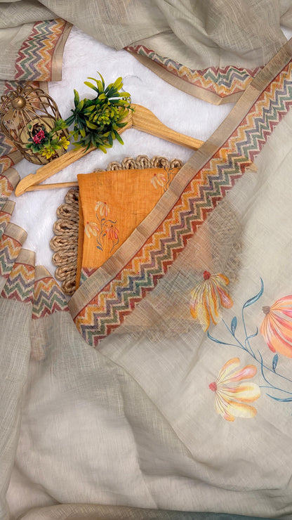 Cotton Linen Multi Color Flower Print Saree