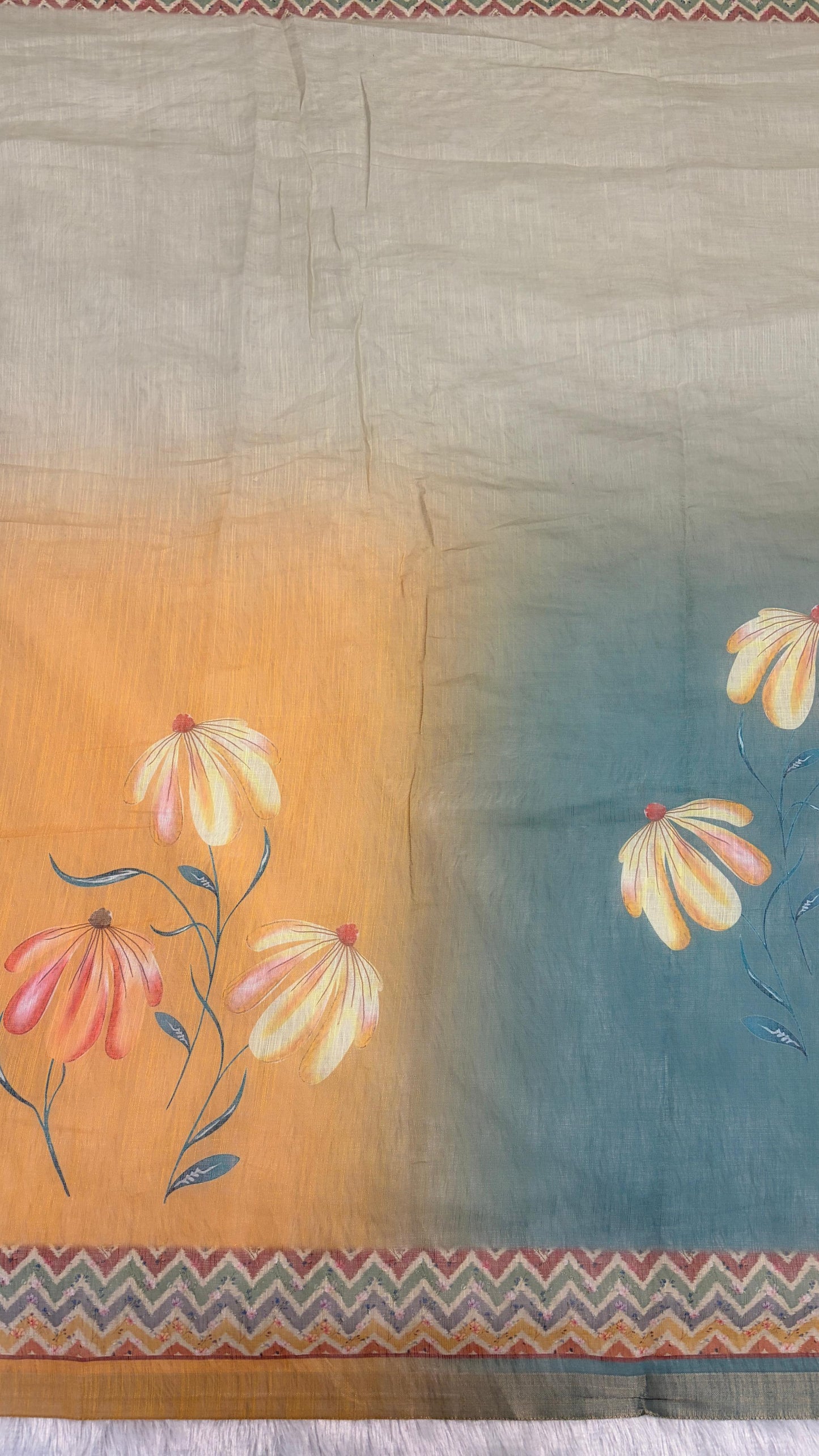 Cotton Linen Multi Color Flower Print Saree