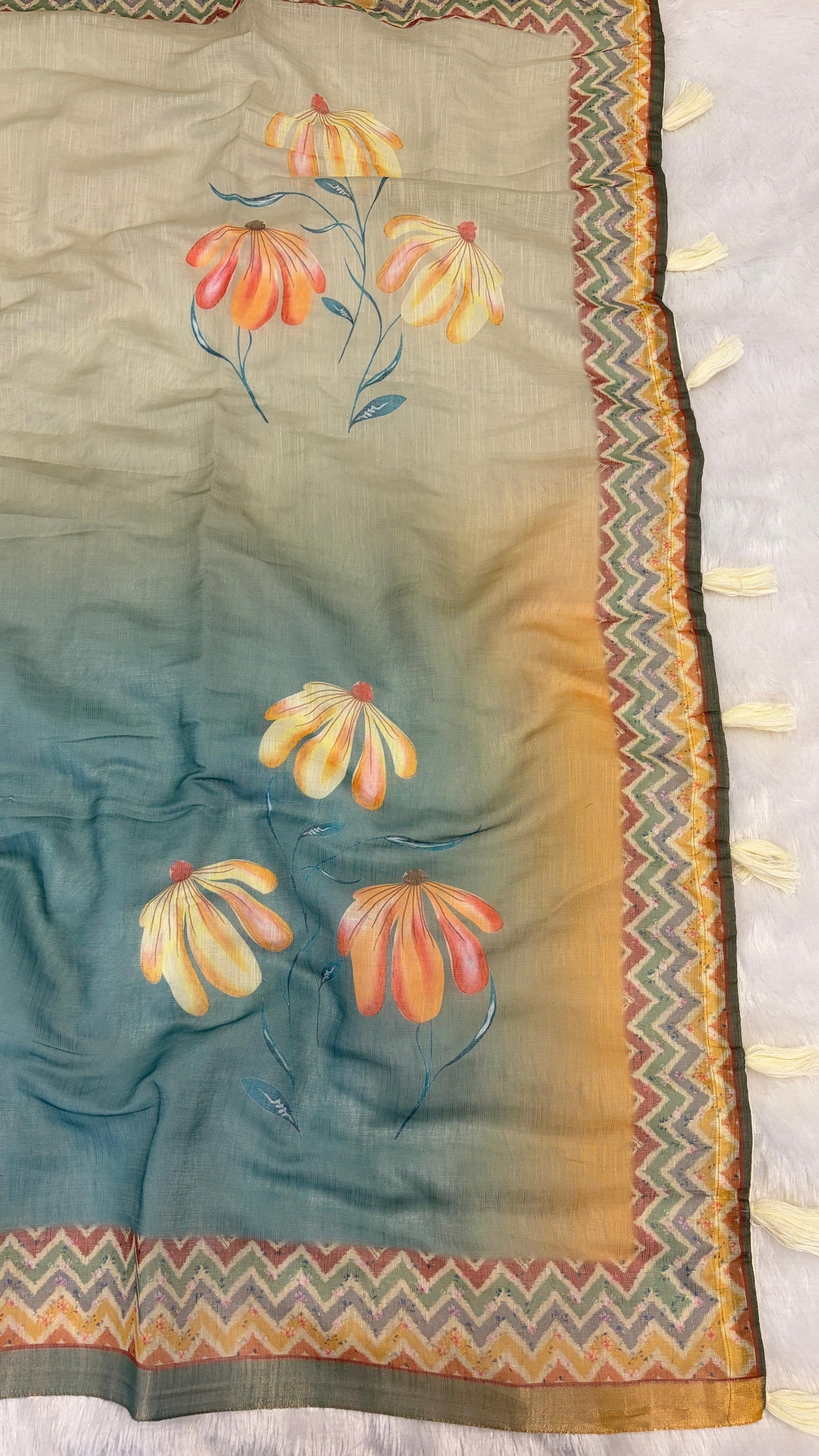 Cotton Linen Multi Color Flower Print Saree