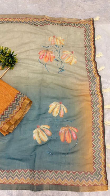 Cotton Linen Multi Color Flower Print Saree