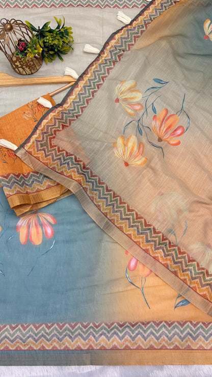 Cotton Linen Multi Color Flower Print Saree