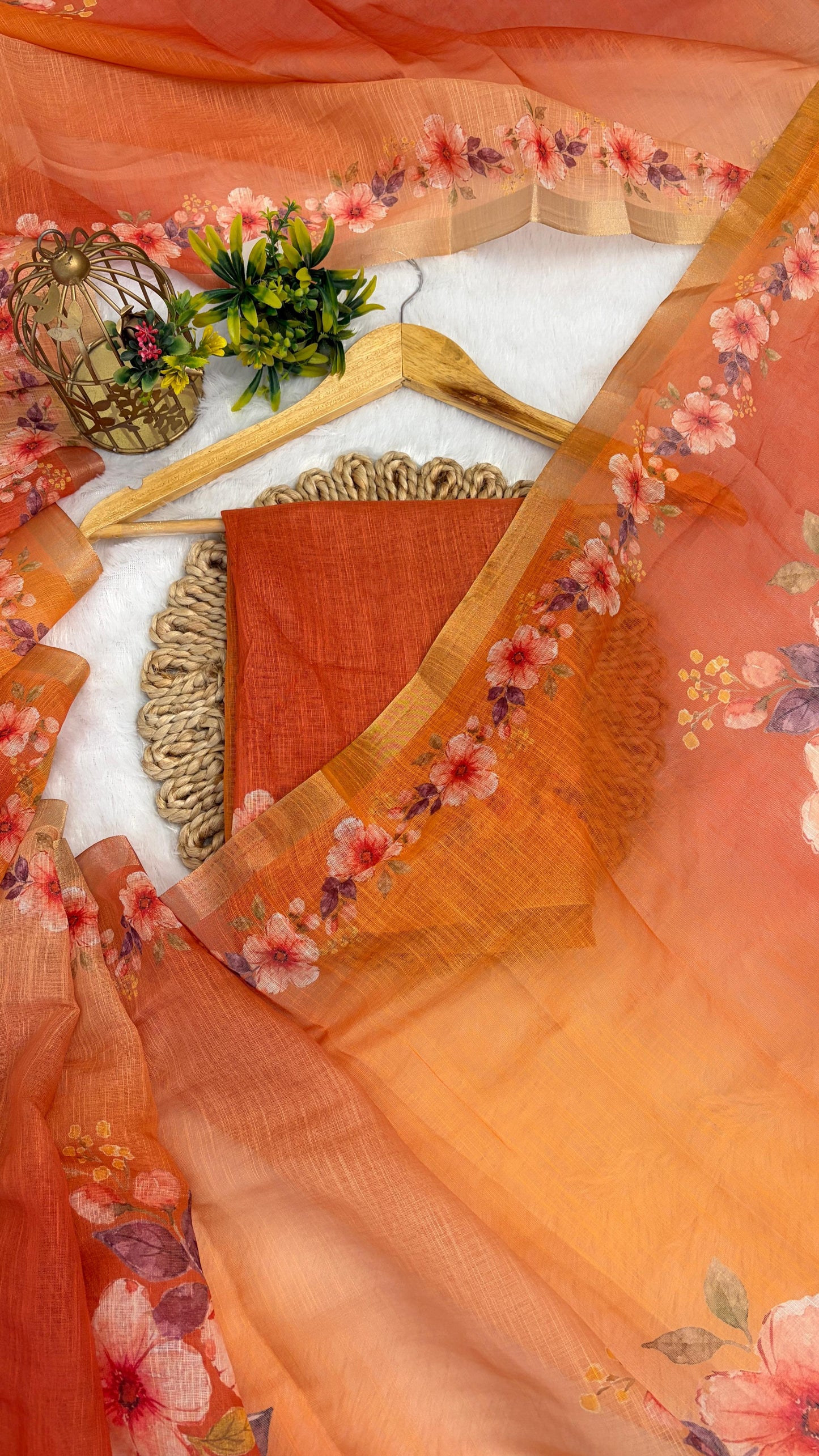 Cotton Linen Flower Print Dual Orange and Yellow Color Saree
