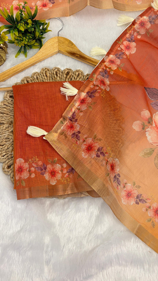 Cotton Linen Flower Print Dual Orange and Yellow Color Saree