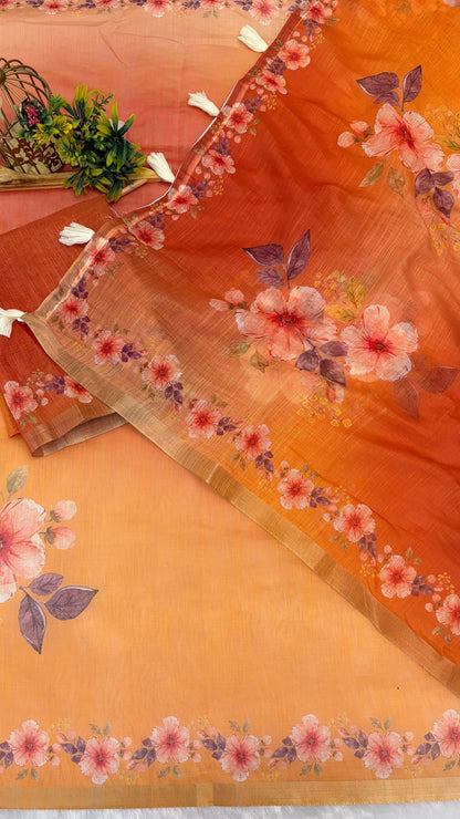 Cotton Linen Flower Print Dual Orange and Yellow Color Saree