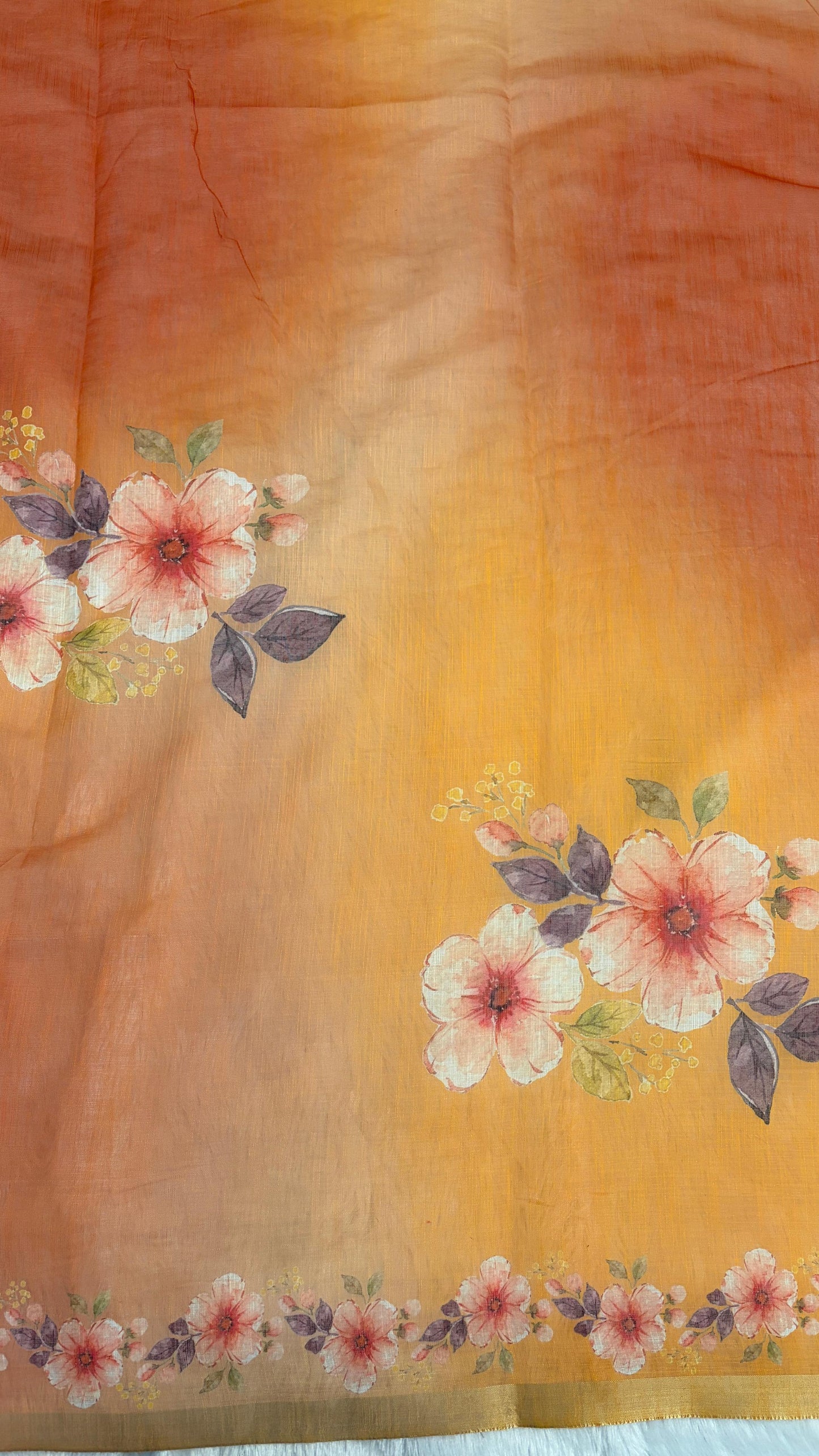 Cotton Linen Flower Print Dual Orange and Yellow Color Saree