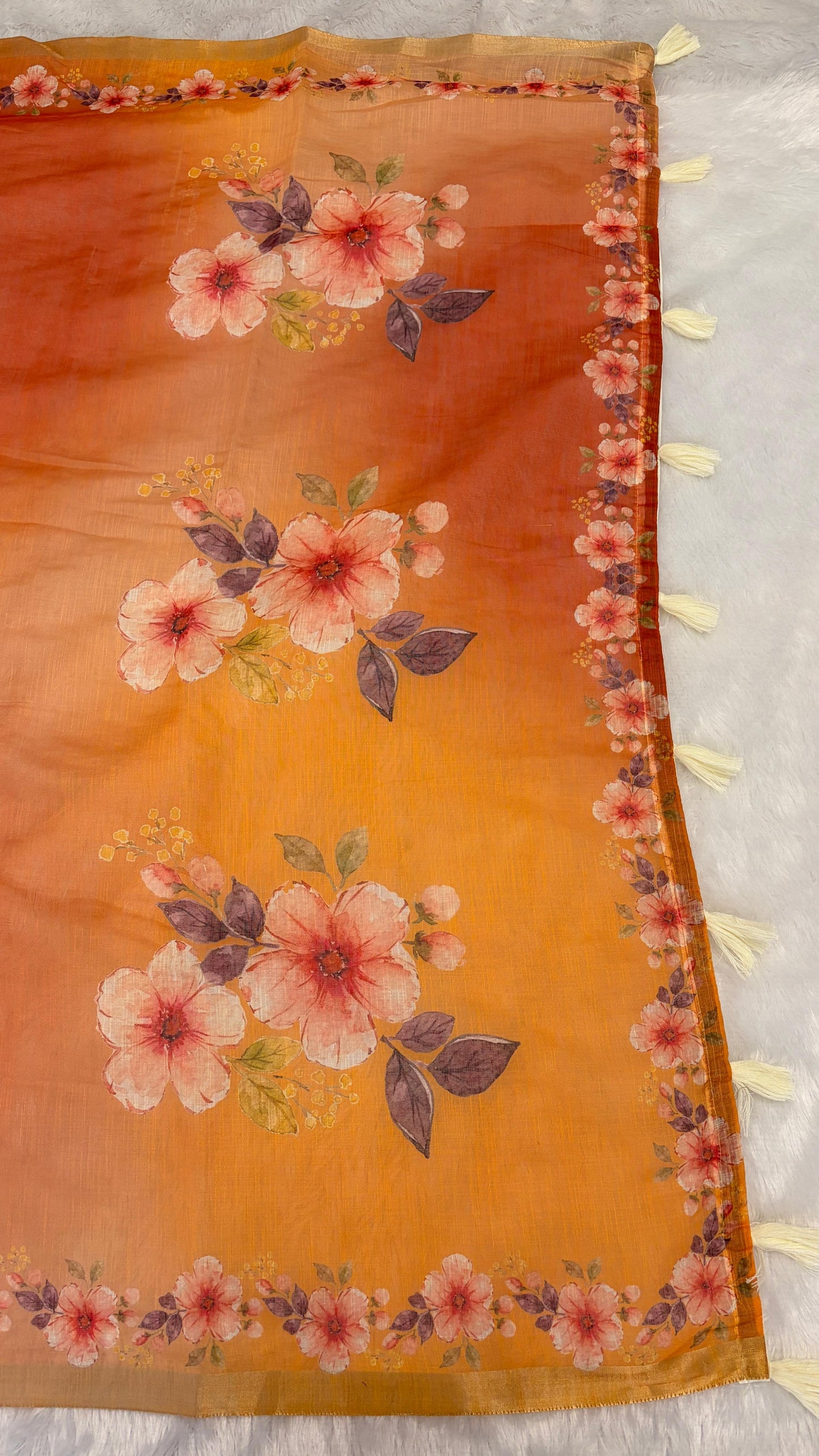 Cotton Linen Flower Print Dual Orange and Yellow Color Saree