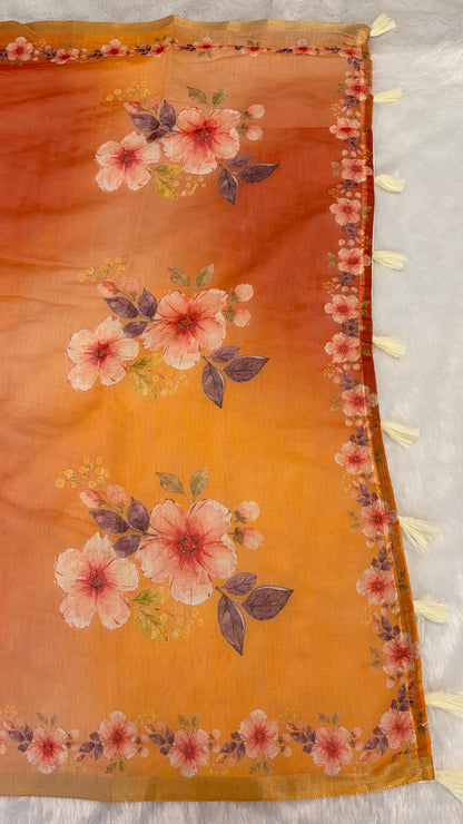 Cotton Linen Flower Print Dual Orange and Yellow Color Saree