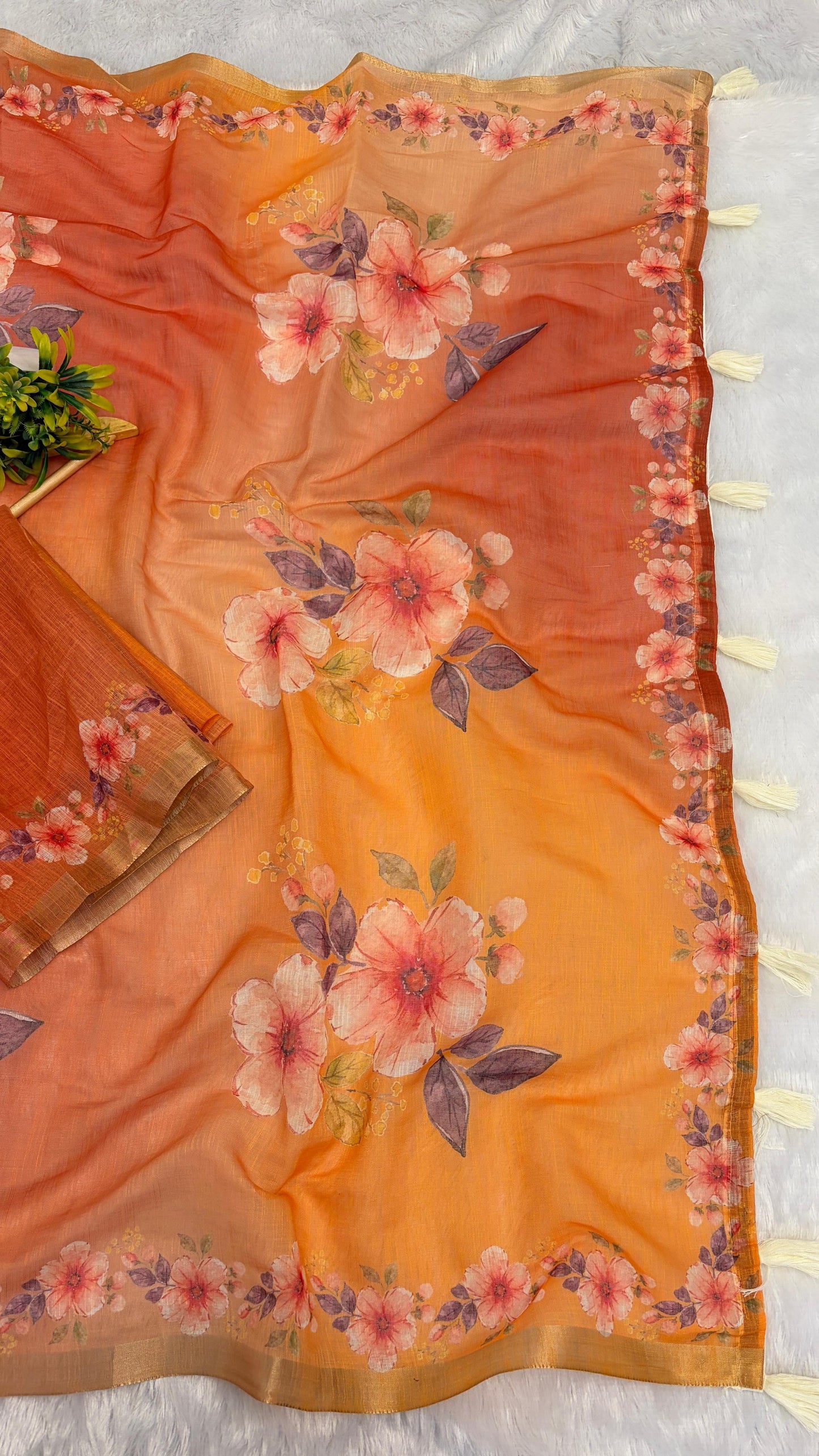 Cotton Linen Flower Print Dual Orange and Yellow Color Saree