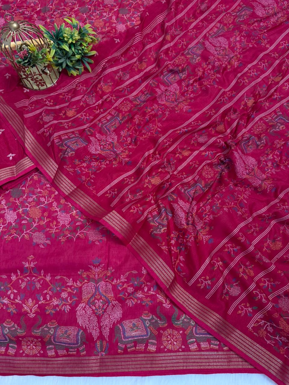Mulmul Cotton Saree With Beautiful Peacock and Elephant Design