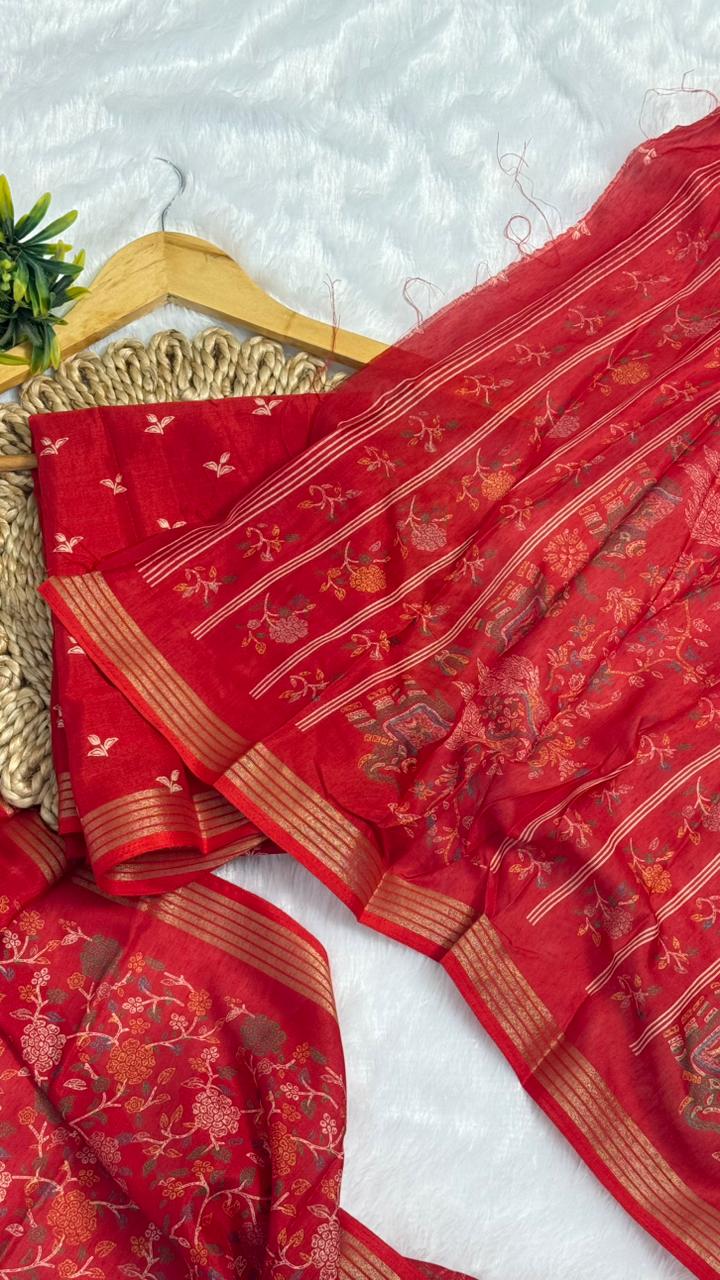Mulmul Cotton Saree With Beautiful Peacock and Elephant Design