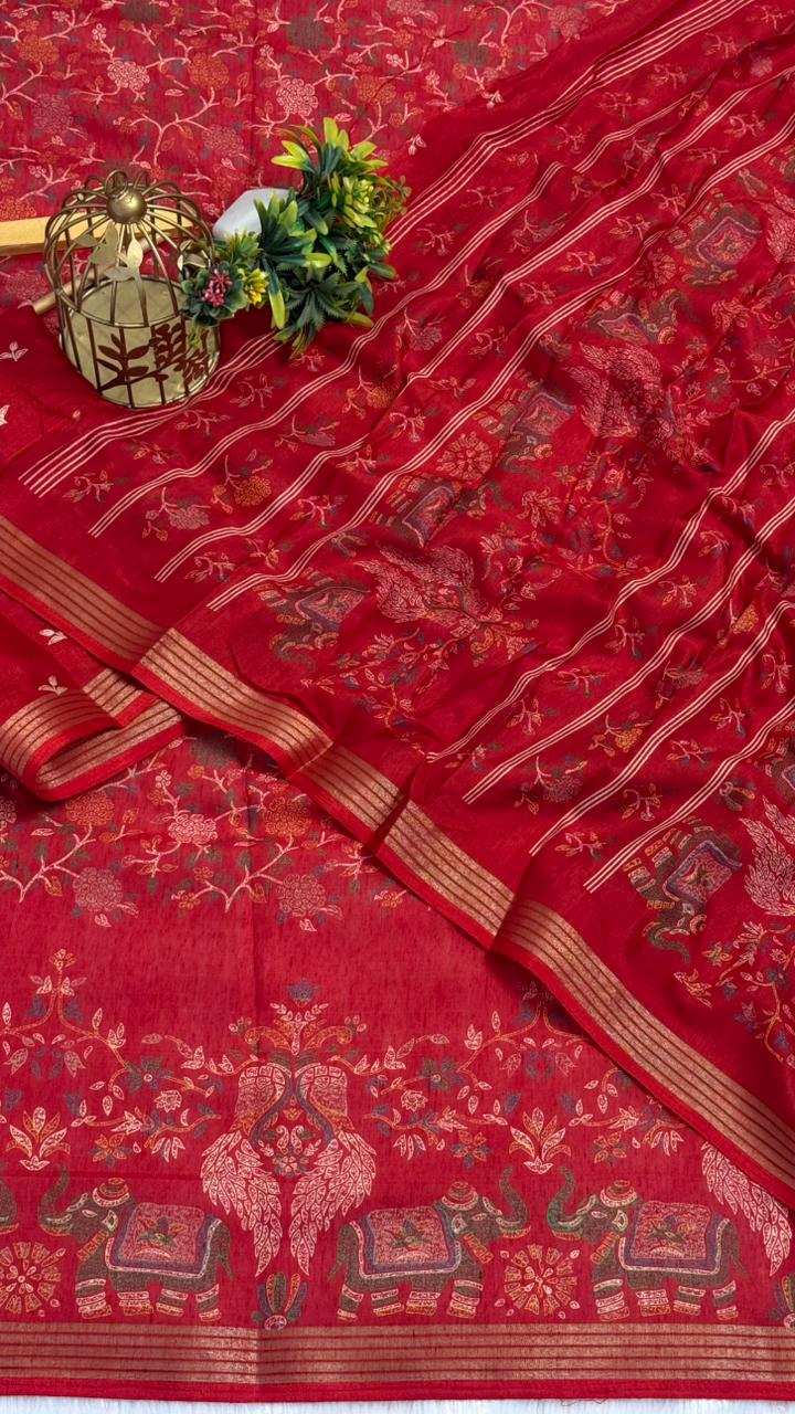 Mulmul Cotton Saree With Beautiful Peacock and Elephant Design
