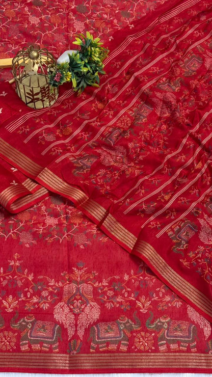 Mulmul Cotton Saree With Beautiful Peacock and Elephant Design