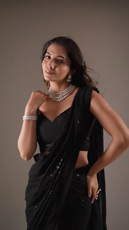 Midnight Black Sequence Elegance Saree