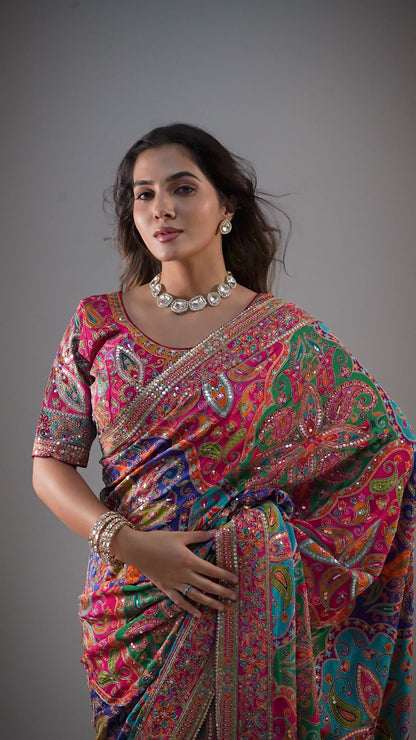 Pure Luxury Pashmina Kalamkari Saree with readymade blouse with Mirror Work