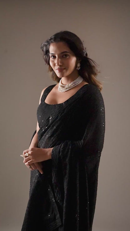 Black Chikankari Saree with sequence Work